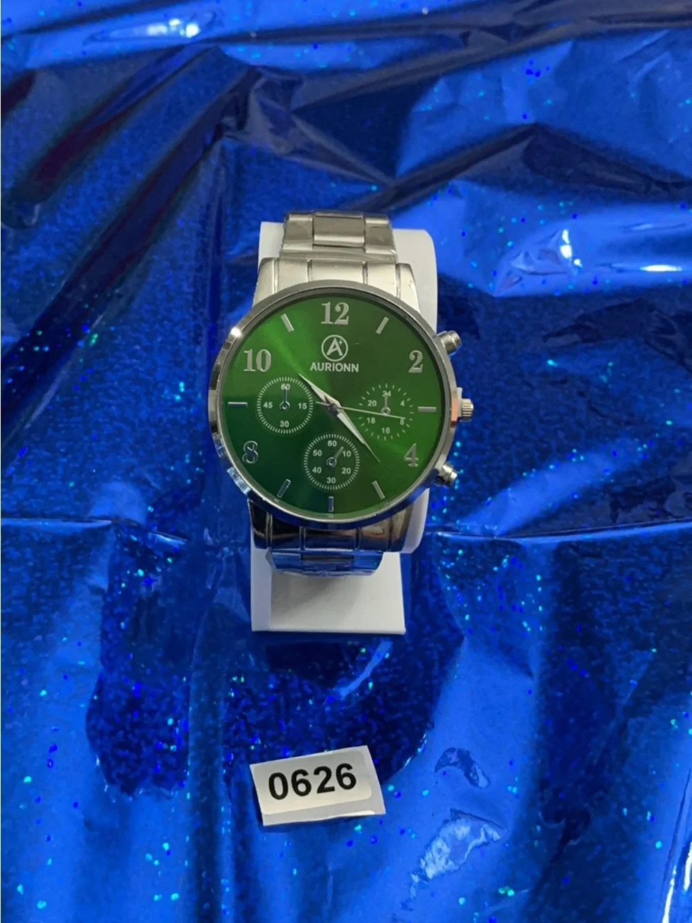 Men’s Silver Stainless Steel Watch with Green Dial